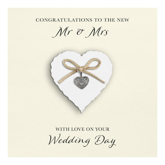 Wedding Day Card (Heart Charm & Bow) - White Heart / Ivory Cardstock