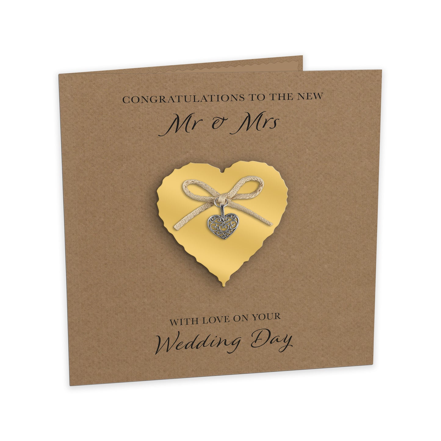 Wedding Day Card (Heart Charm & Bow) - Gold Heart / Kraft Cardstock