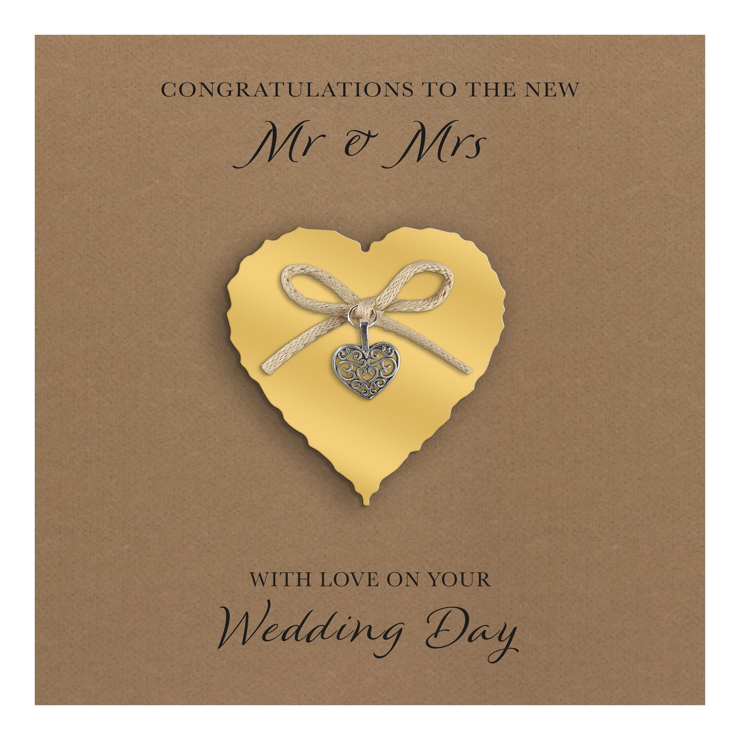 Wedding Day Card (Heart Charm & Bow) - Gold Heart / Kraft Cardstock