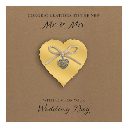 Wedding Day Card (Heart Charm & Bow) - Gold Heart / Kraft Cardstock