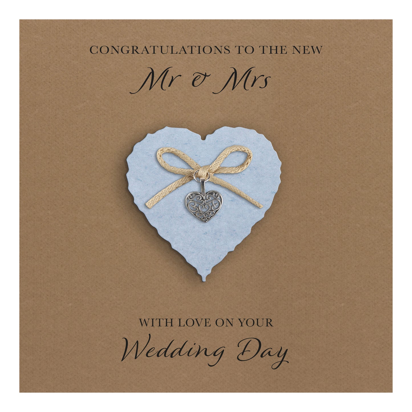 Wedding Day Card (Heart Charm & Bow) - Powder Blue Heart / Kraft Cardstock