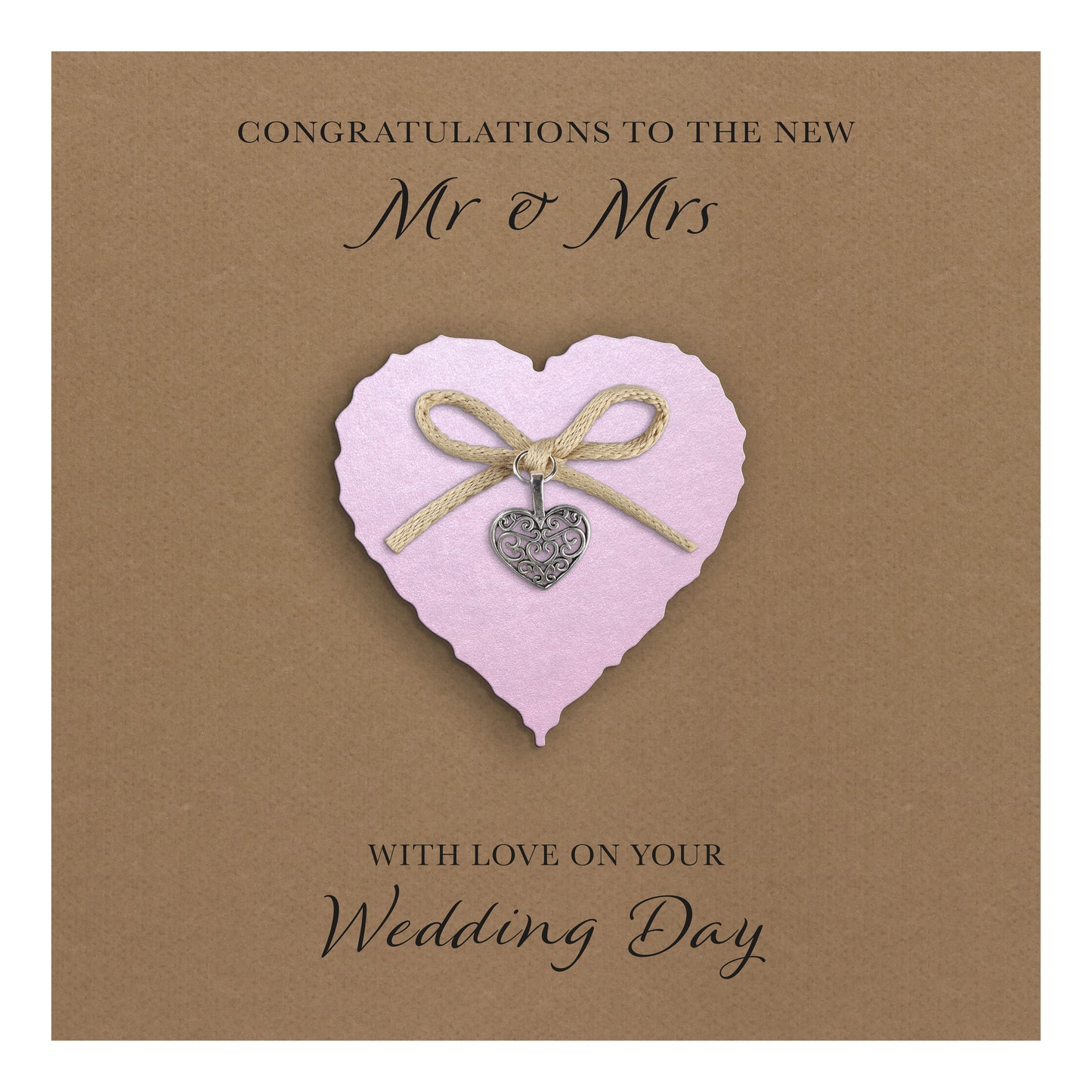 Wedding Day Card (Heart Charm & Bow) - Powder Pink Heart / Kraft Cardstock