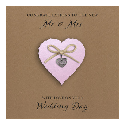 Wedding Day Card (Heart Charm & Bow) - Powder Pink Heart / Kraft Cardstock