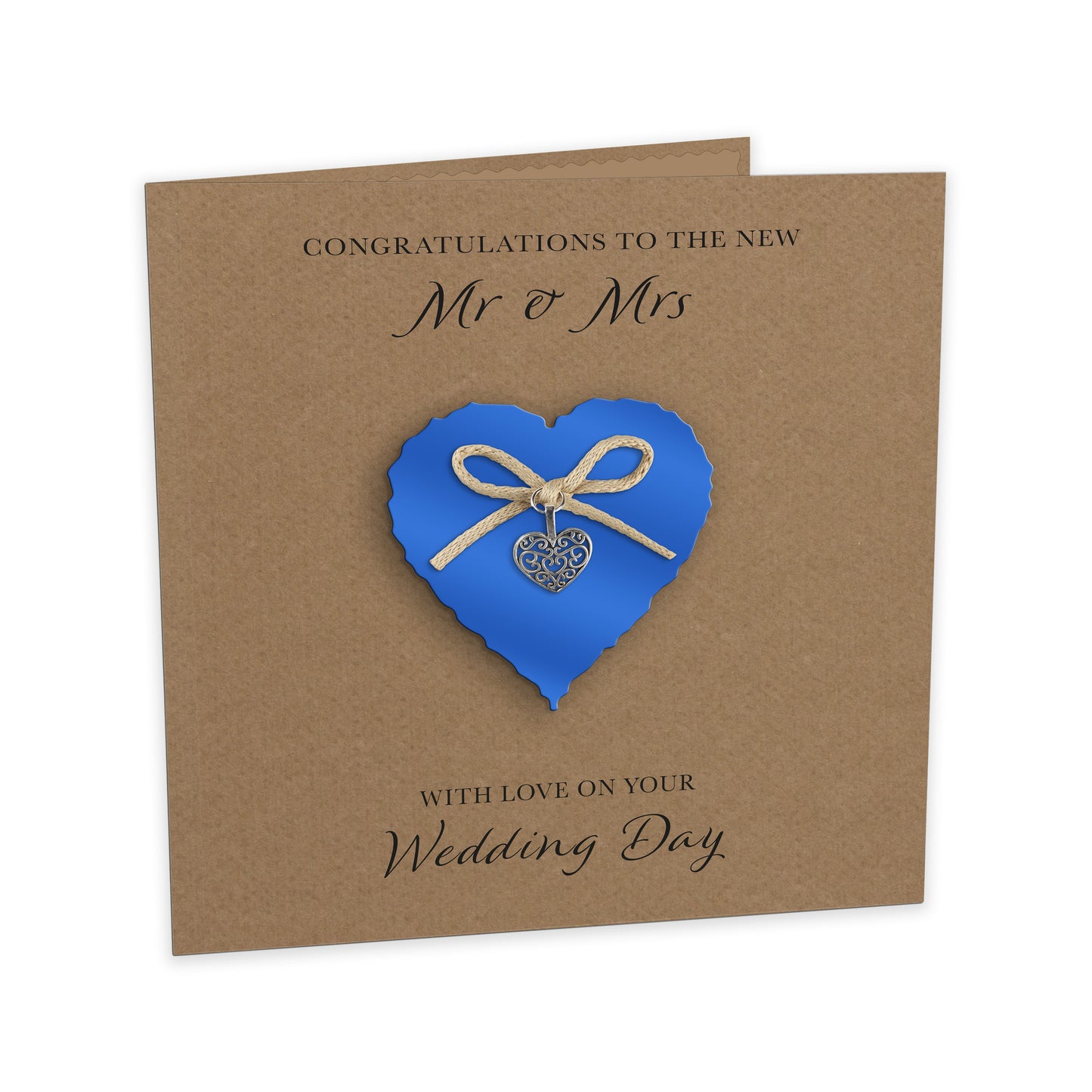 Wedding Day Card (Heart Charm & Bow) - Sapphire Heart / Kraft Cardstock