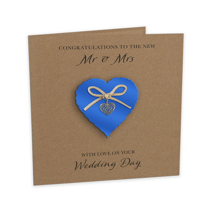 Wedding Day Card (Heart Charm & Bow) - Sapphire Heart / Kraft Cardstock