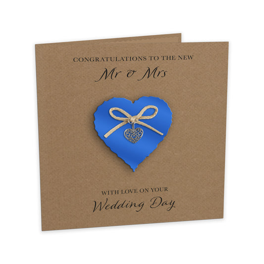 Wedding Day Card (Heart Charm & Bow) - Sapphire Heart / Kraft Cardstock