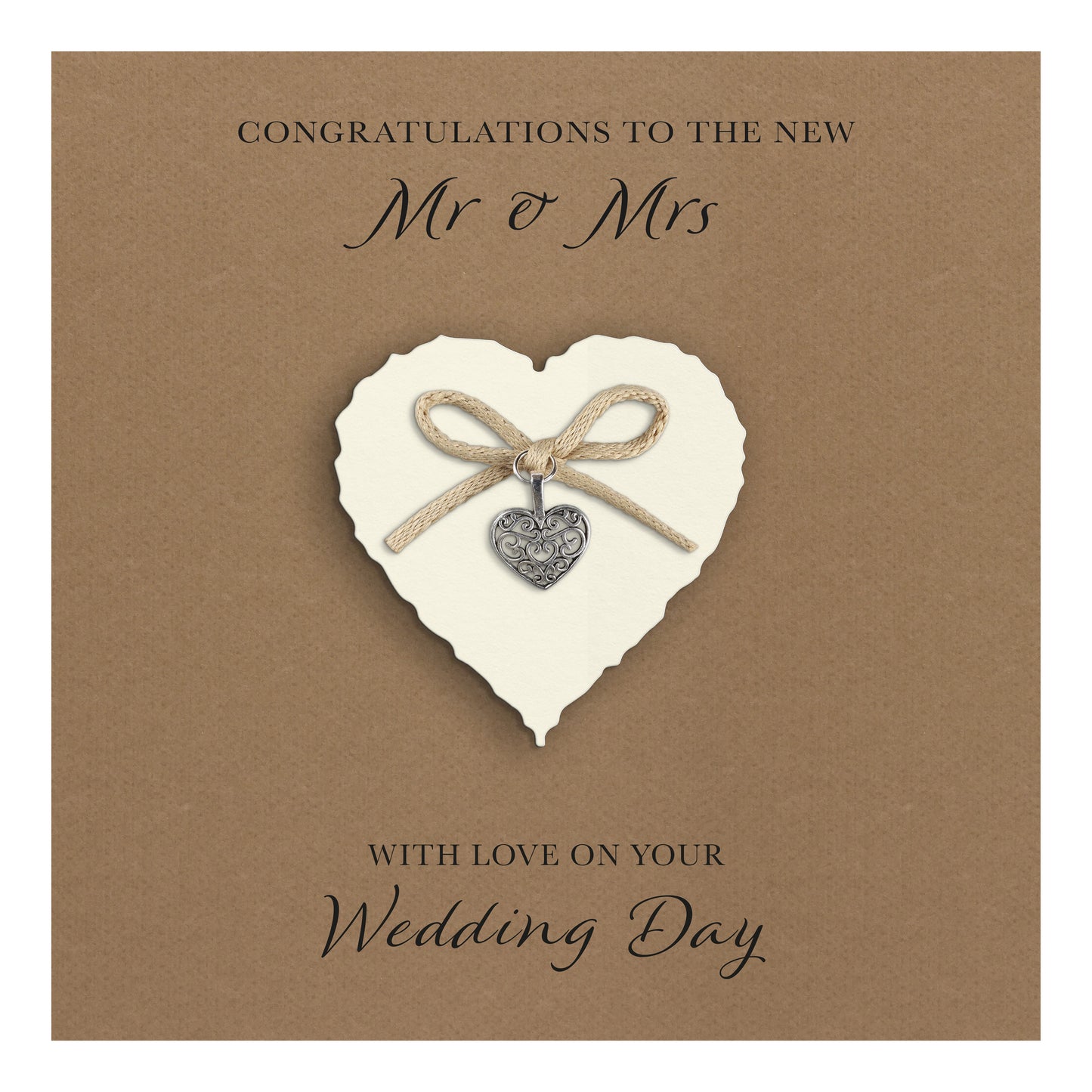 Wedding Day Card (Heart Charm & Bow) - Ivory Heart / Kraft Cardstock