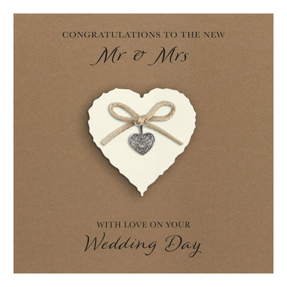 Wedding Day Card (Heart Charm & Bow) - Ivory Heart / Kraft Cardstock