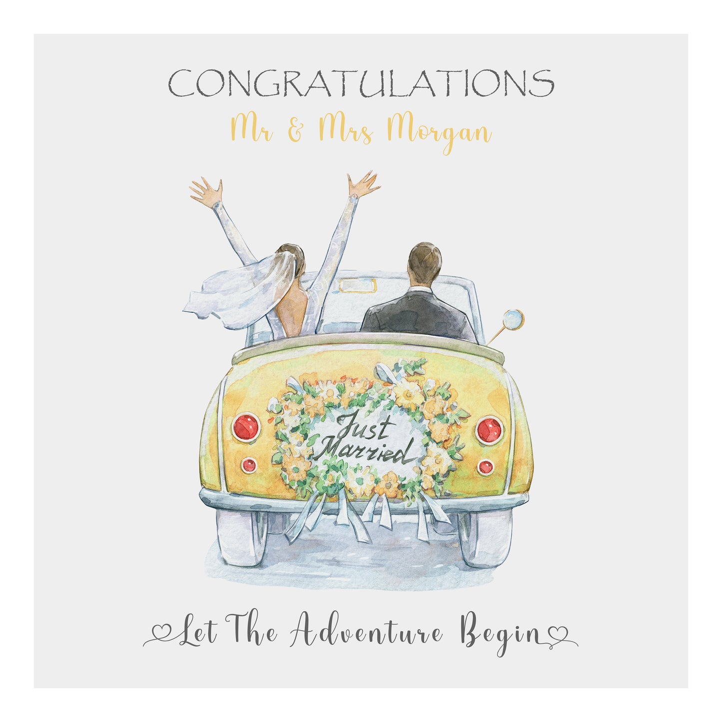 Personalised Wedding Card (Just Married, Car) - Lemon
