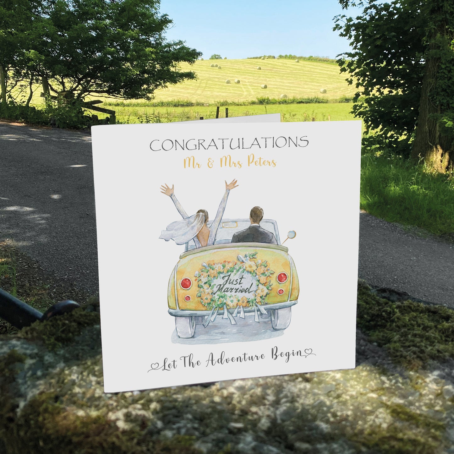 Personalised Wedding Card (Just Married, Car) - Lemon