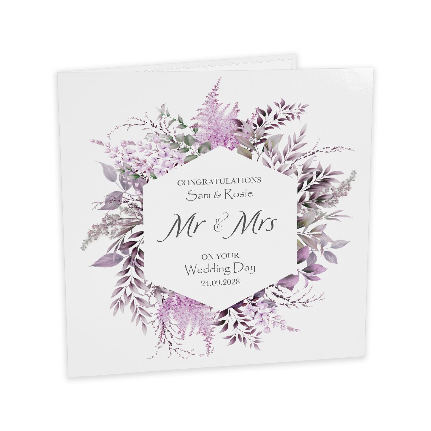Personalised Wedding Card (Mr & Mrs Wreath) - Lilac