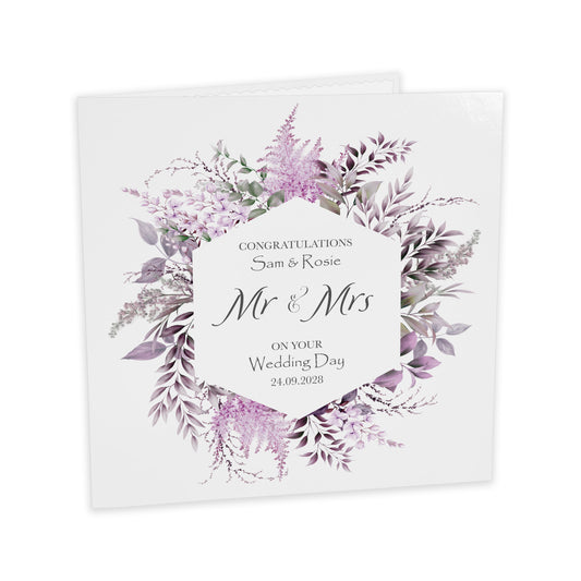 Personalised Wedding Card (Mr & Mrs Wreath) - Lilac