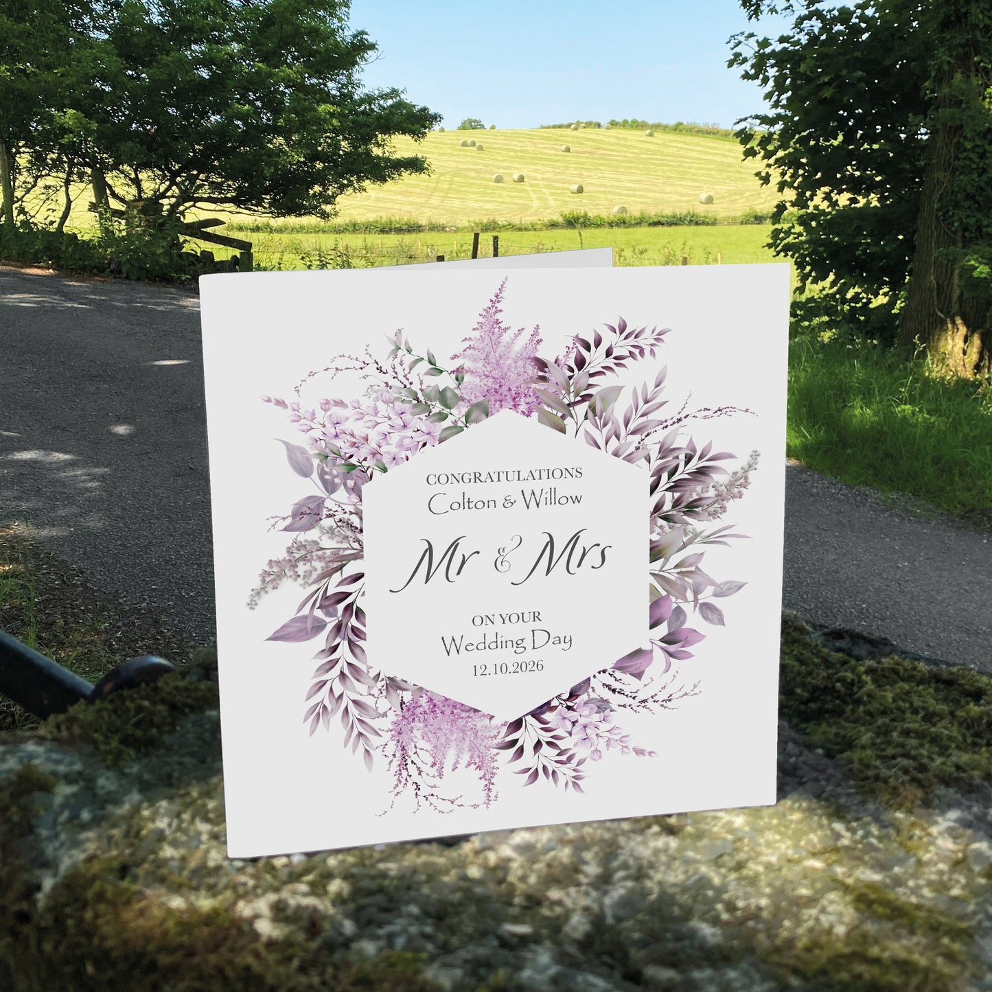 Personalised Wedding Card (Mr & Mrs Wreath) - Lilac