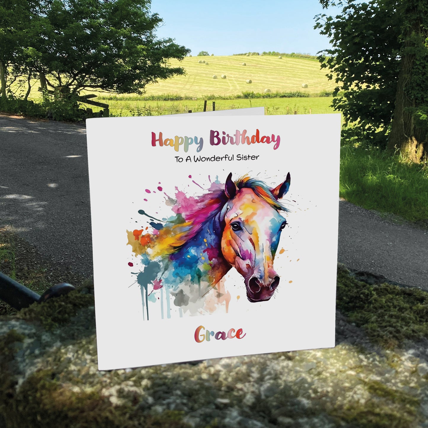 Personalised Birthday Card (Watercolour Horse) - Magenta Magic