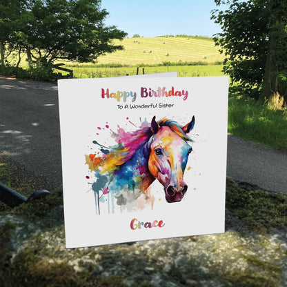 Personalised Birthday Card (Watercolour Horse) - Magenta Magic