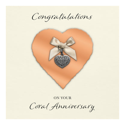 Coral 35th Anniversary Card (Heart Charm & Bow) - Ivory Cardstock