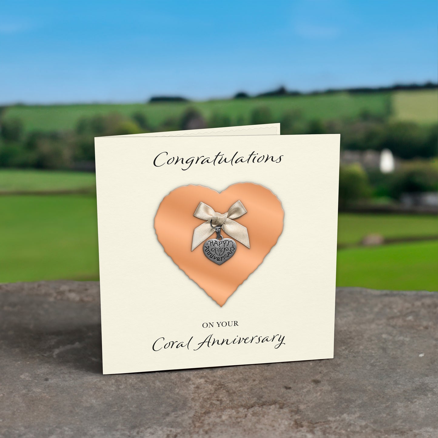 Coral 35th Anniversary Card (Heart Charm & Bow) - Ivory Cardstock