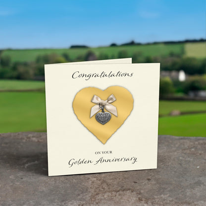 Golden 50th Anniversary Card (Heart Charm & Bow) - Ivory Cardstock