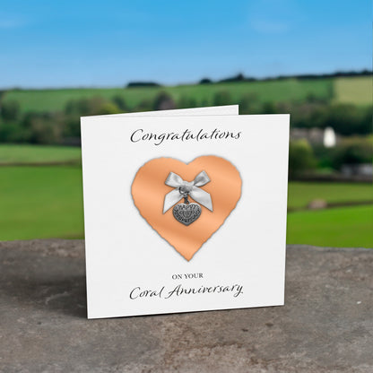 Coral 35th Anniversary Card (Heart Charm & Bow) - White Cardstock