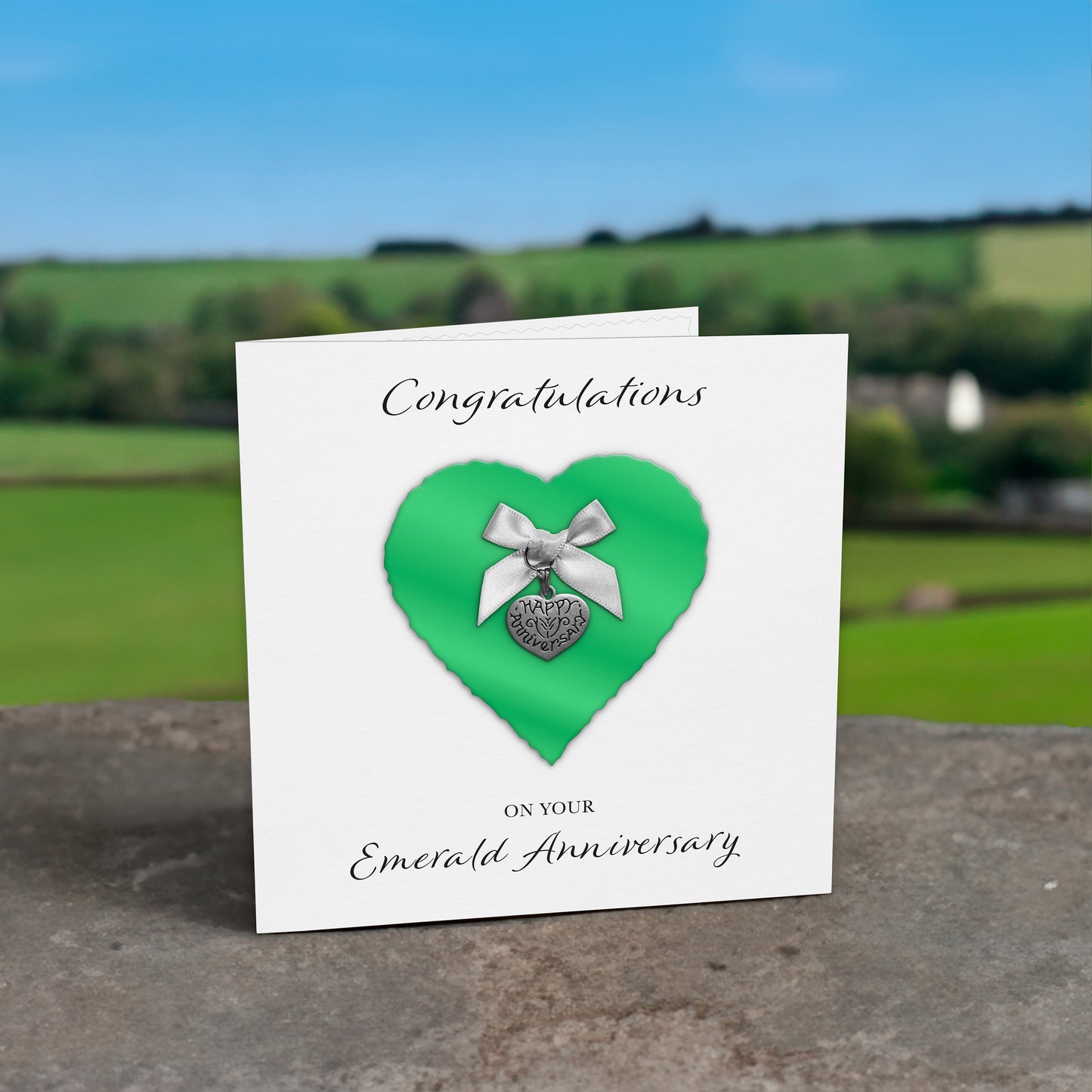 Emerald 55th Anniversary Card (Heart Charm & Bow) - White Cardstock