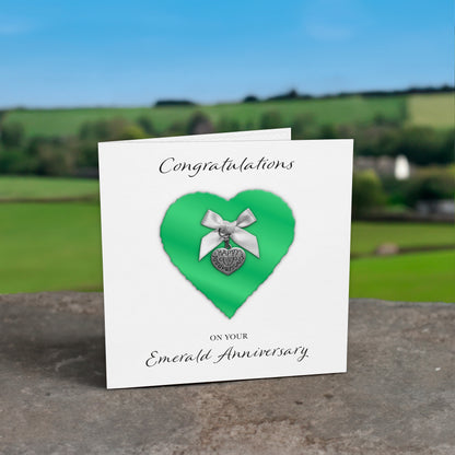 Emerald 55th Anniversary Card (Heart Charm & Bow) - White Cardstock
