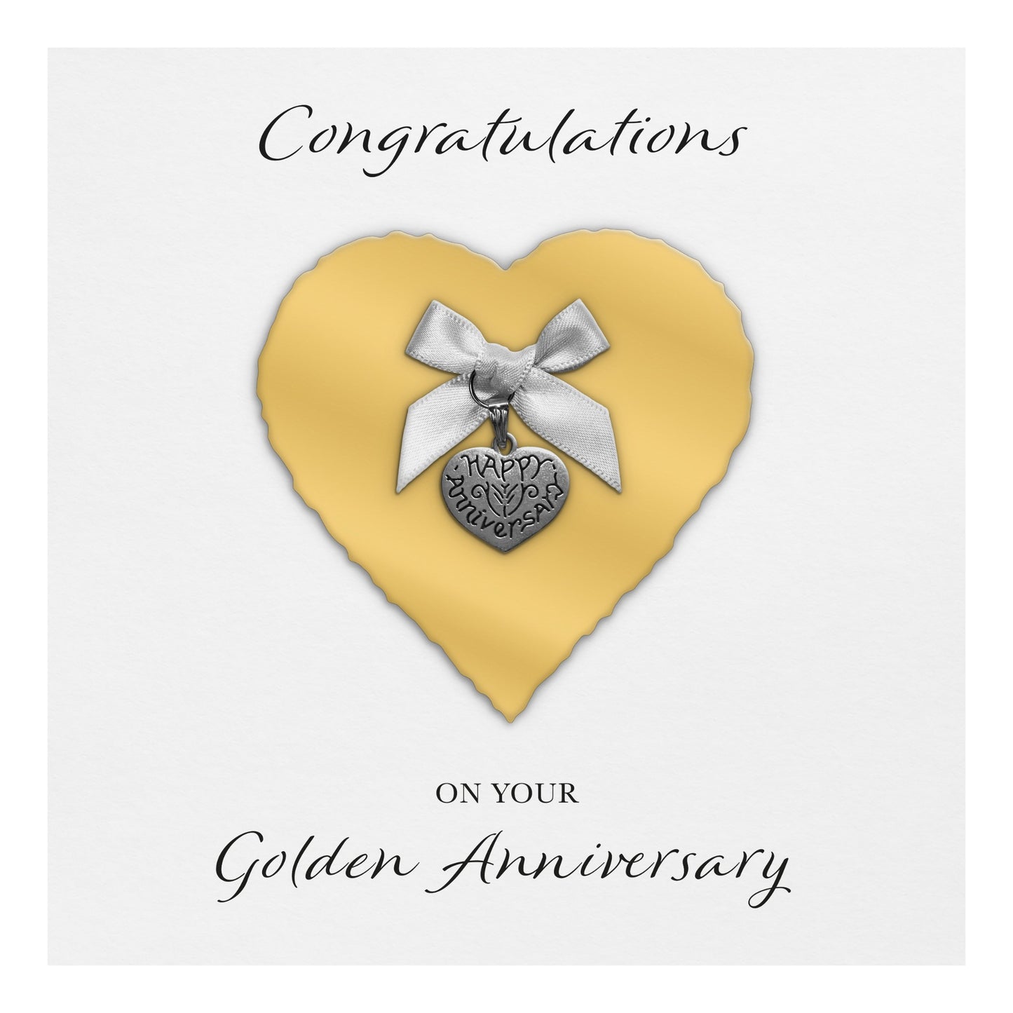 Golden 50th Anniversary Card (Heart Charm & Bow) - White Cardstock