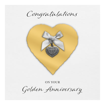 Golden 50th Anniversary Card (Heart Charm & Bow) - White Cardstock
