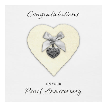 Pearl 30th Anniversary Card (Heart Charm & Bow) - White Cardstock