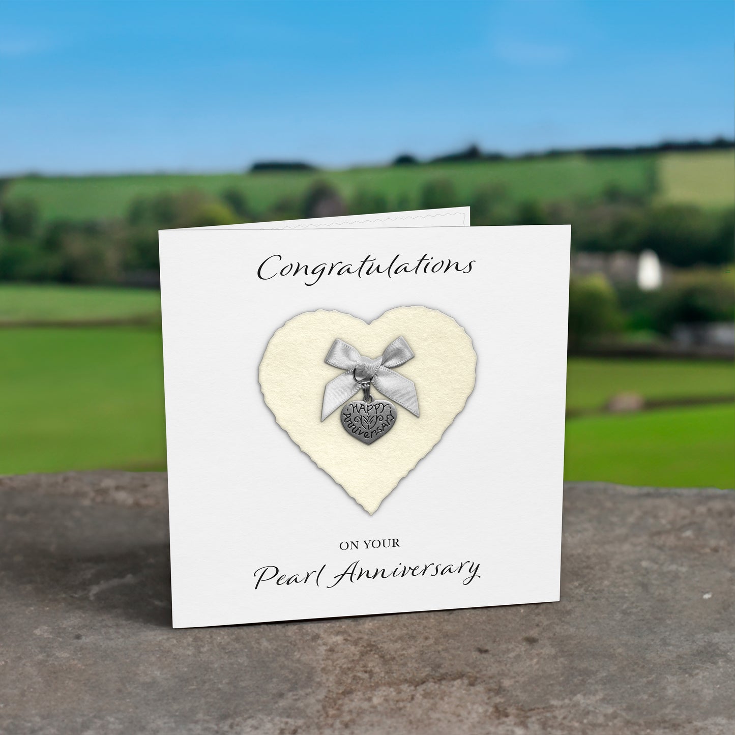 Pearl 30th Anniversary Card (Heart Charm & Bow) - White Cardstock