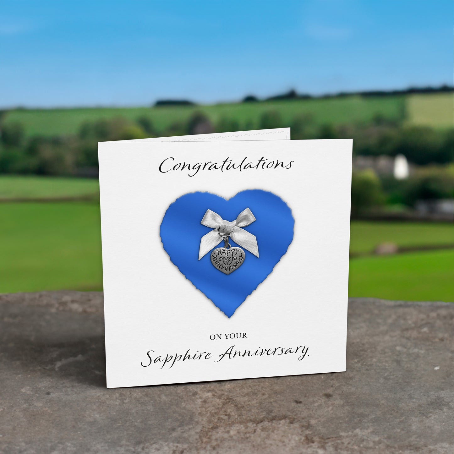 Sapphire 45th Anniversary Card (Heart Charm & Bow) - White Cardstock