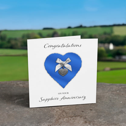Sapphire 45th Anniversary Card (Heart Charm & Bow) - White Cardstock