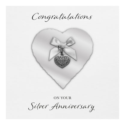 Silver 25th Anniversary Card (Heart Charm & Bow) - White Cardstock