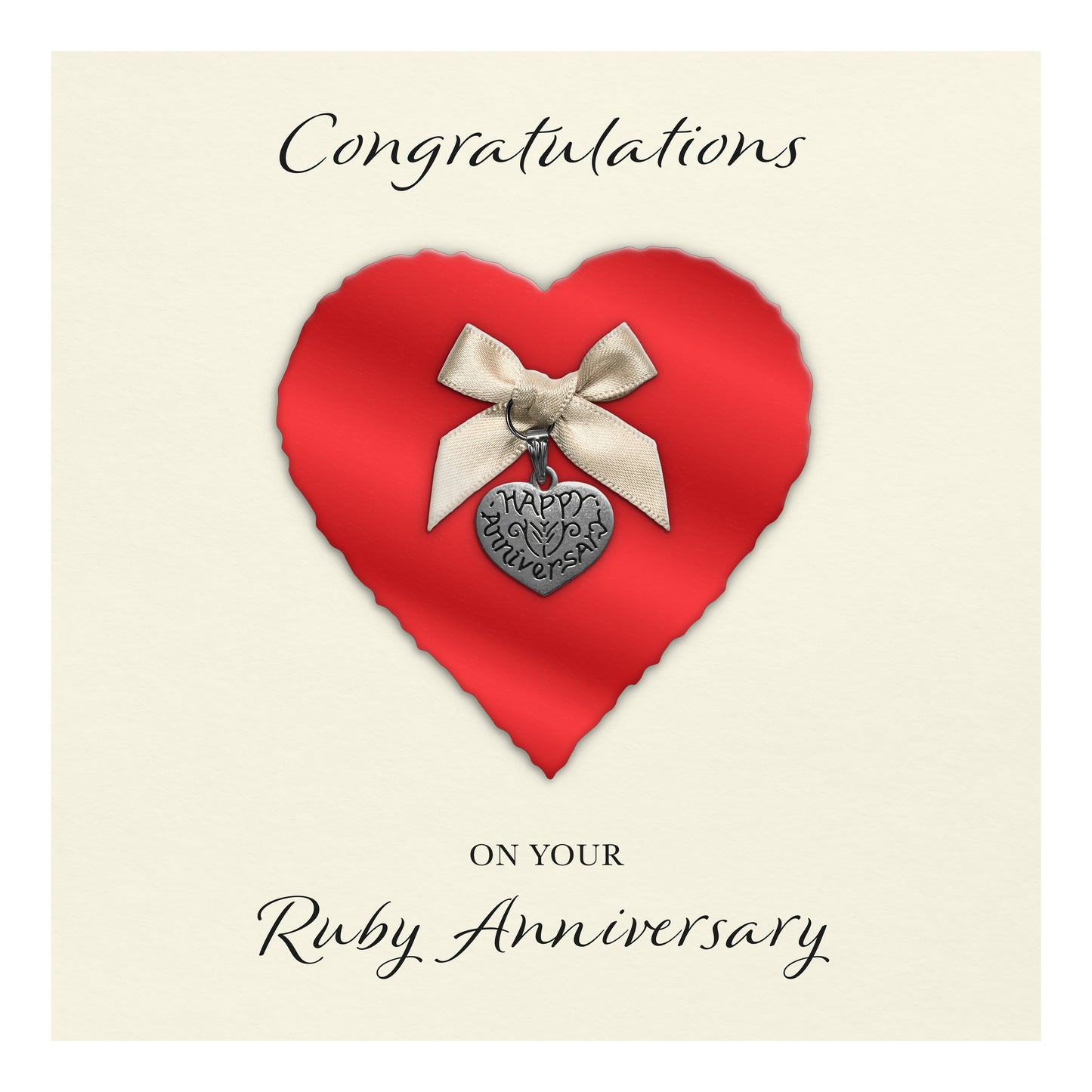 Ruby 40th Anniversary Card (Heart Charm & Bow) - Ivory Cardstock