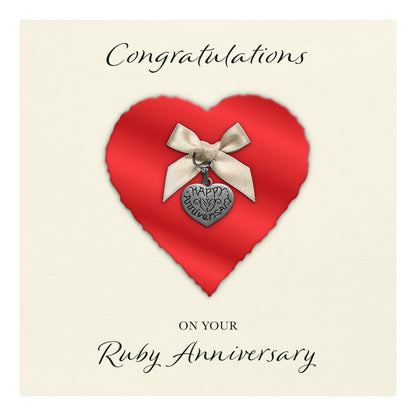 Ruby 40th Anniversary Card (Heart Charm & Bow) - Ivory Cardstock