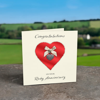 Ruby 40th Anniversary Card (Heart Charm & Bow) - Ivory Cardstock