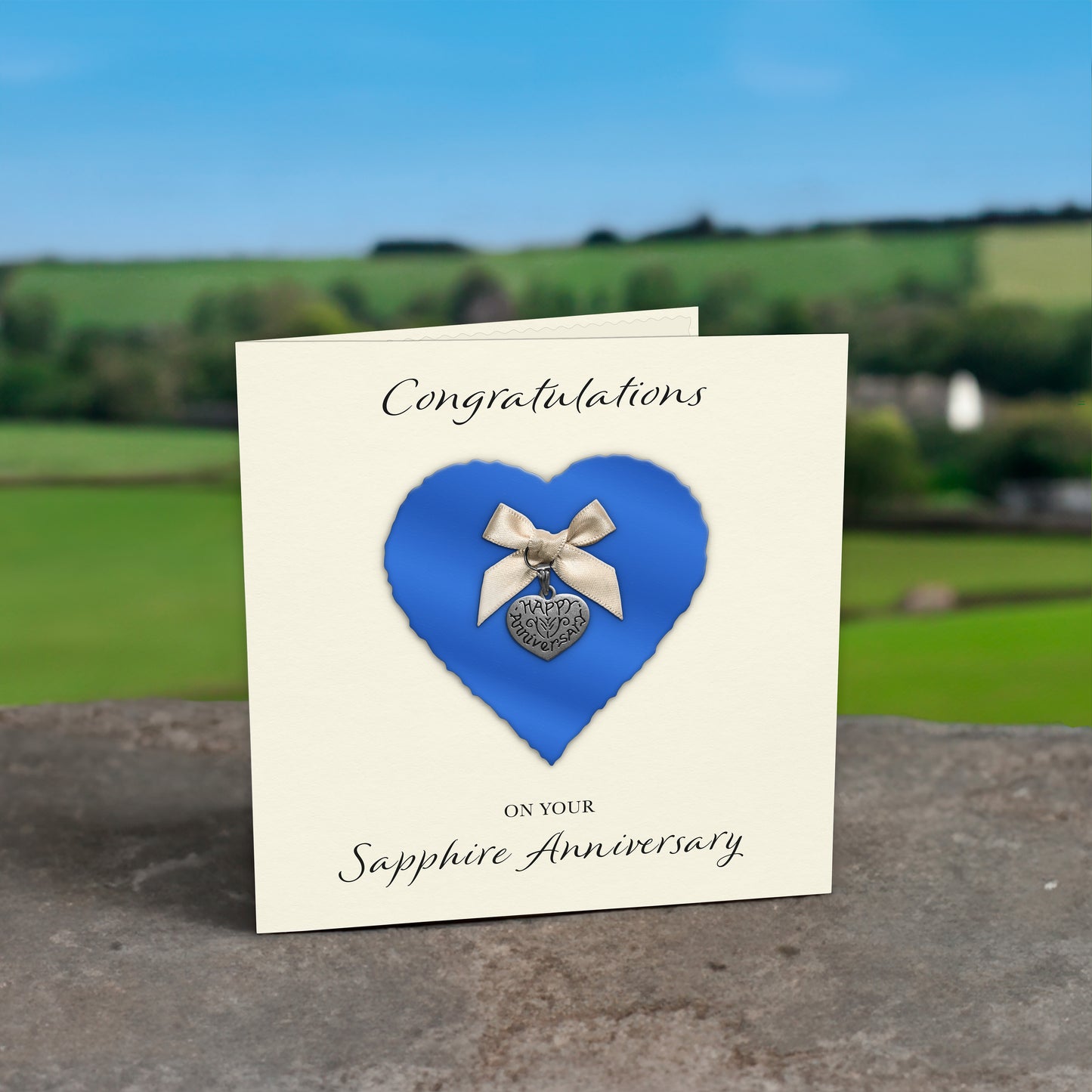 Sapphire 45th Anniversary Card (Heart Charm & Bow) - Ivory Cardstock