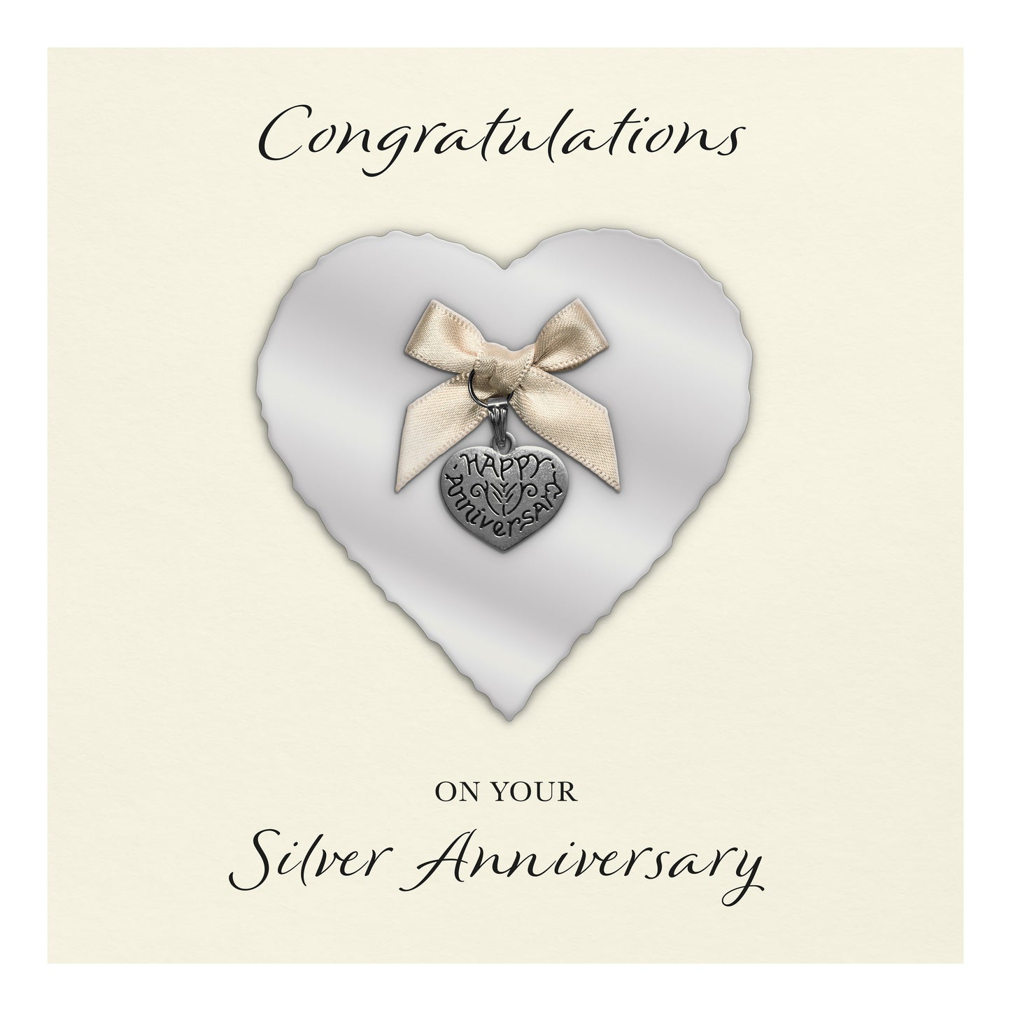 Silver 25th Anniversary Card (Heart Charm & Bow) - Ivory Cardstock
