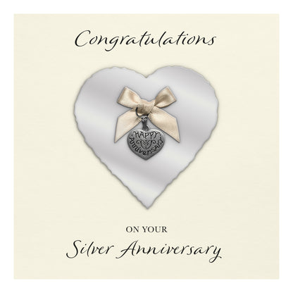 Silver 25th Anniversary Card (Heart Charm & Bow) - Ivory Cardstock
