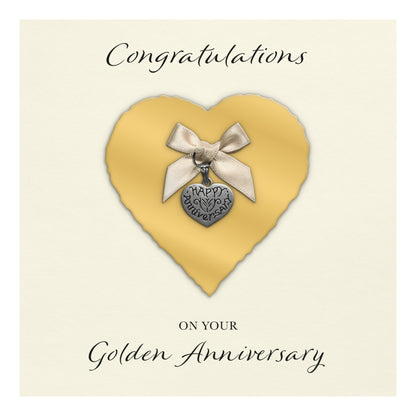 Golden 50th Anniversary Card (Heart Charm & Bow) - Ivory Cardstock