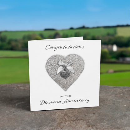 Diamond 60th Anniversary Card (Heart Charm & Bow) - White Cardstock