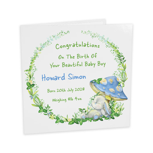 Personalised New Baby Card (Mushroom Bunny) - Blue