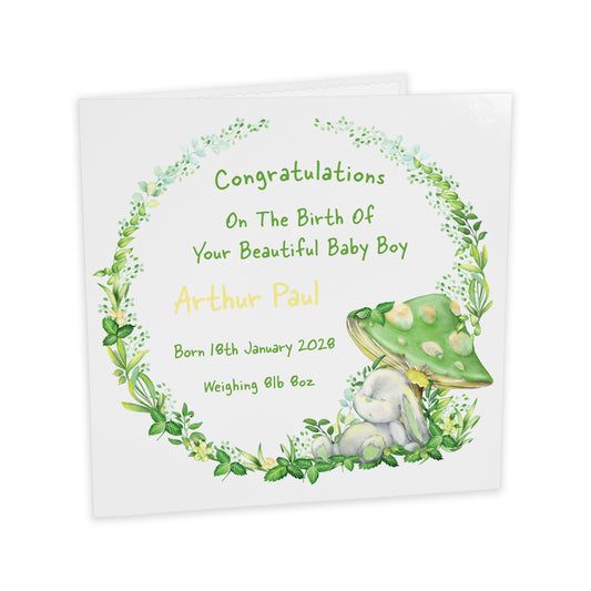 Personalised New Baby Card (Mushroom Bunny) - Green