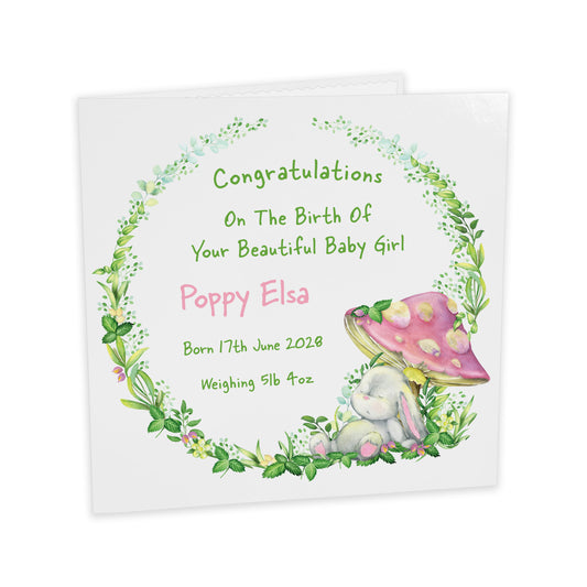 Personalised New Baby Card (Mushroom Bunny) - Pink