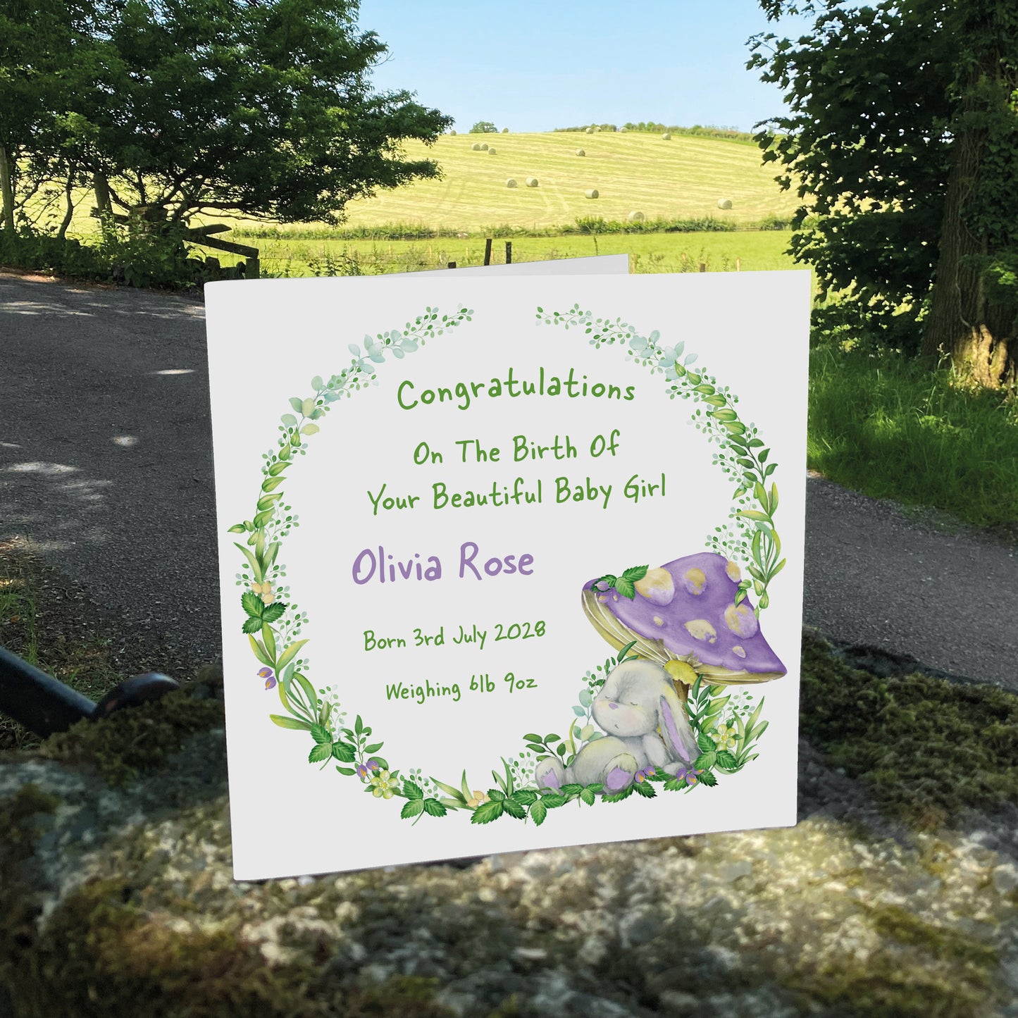 Personalised New Baby Card (Mushroom Bunny) - Purple