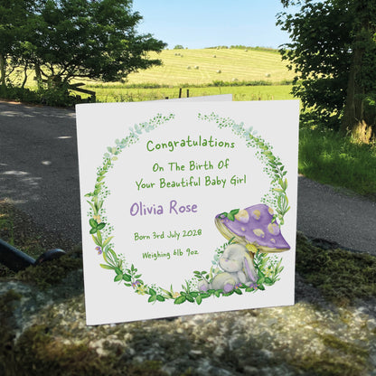 Personalised New Baby Card (Mushroom Bunny) - Purple