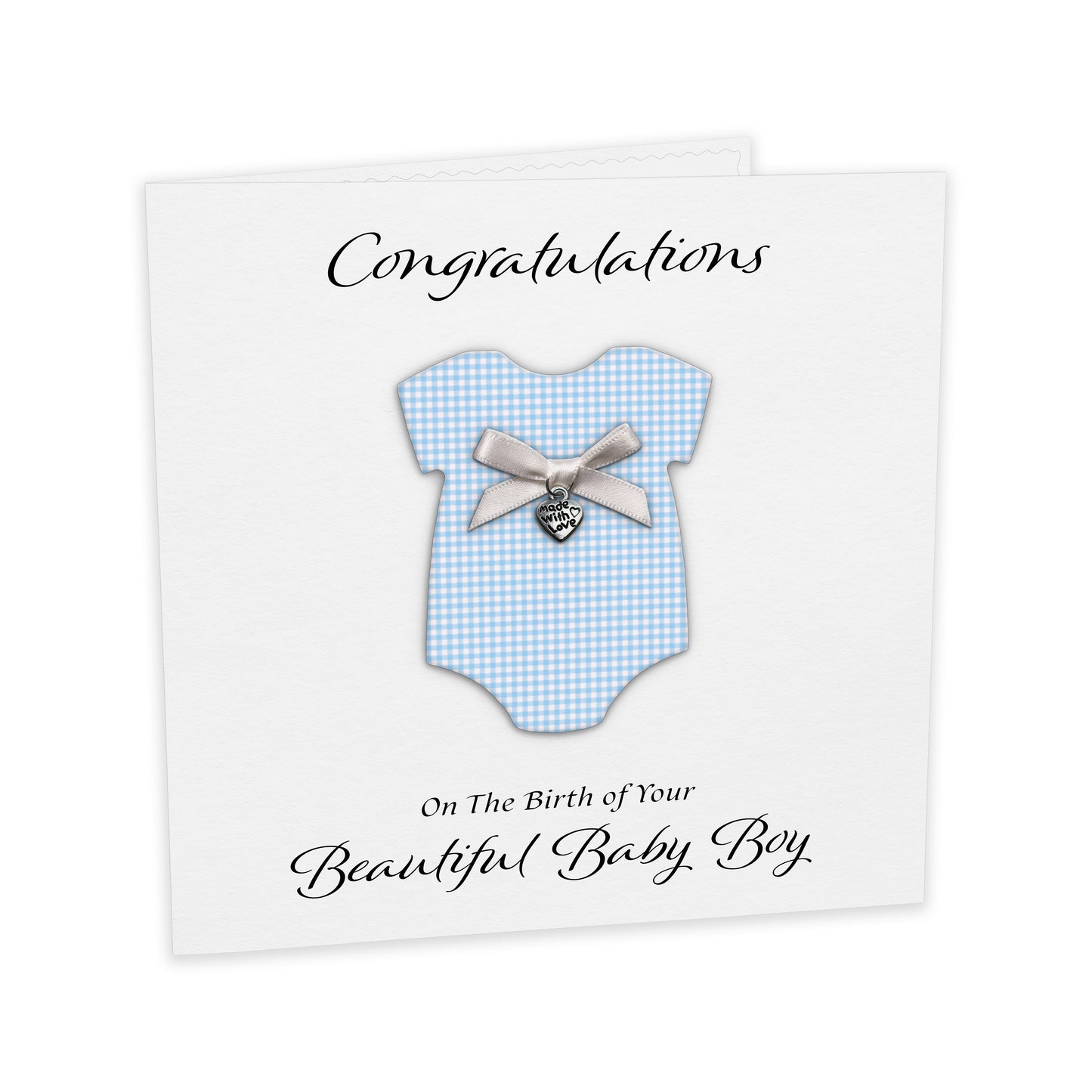 New Baby Card (Heart Charm & Bow) - White Cardstock / Blue Check
