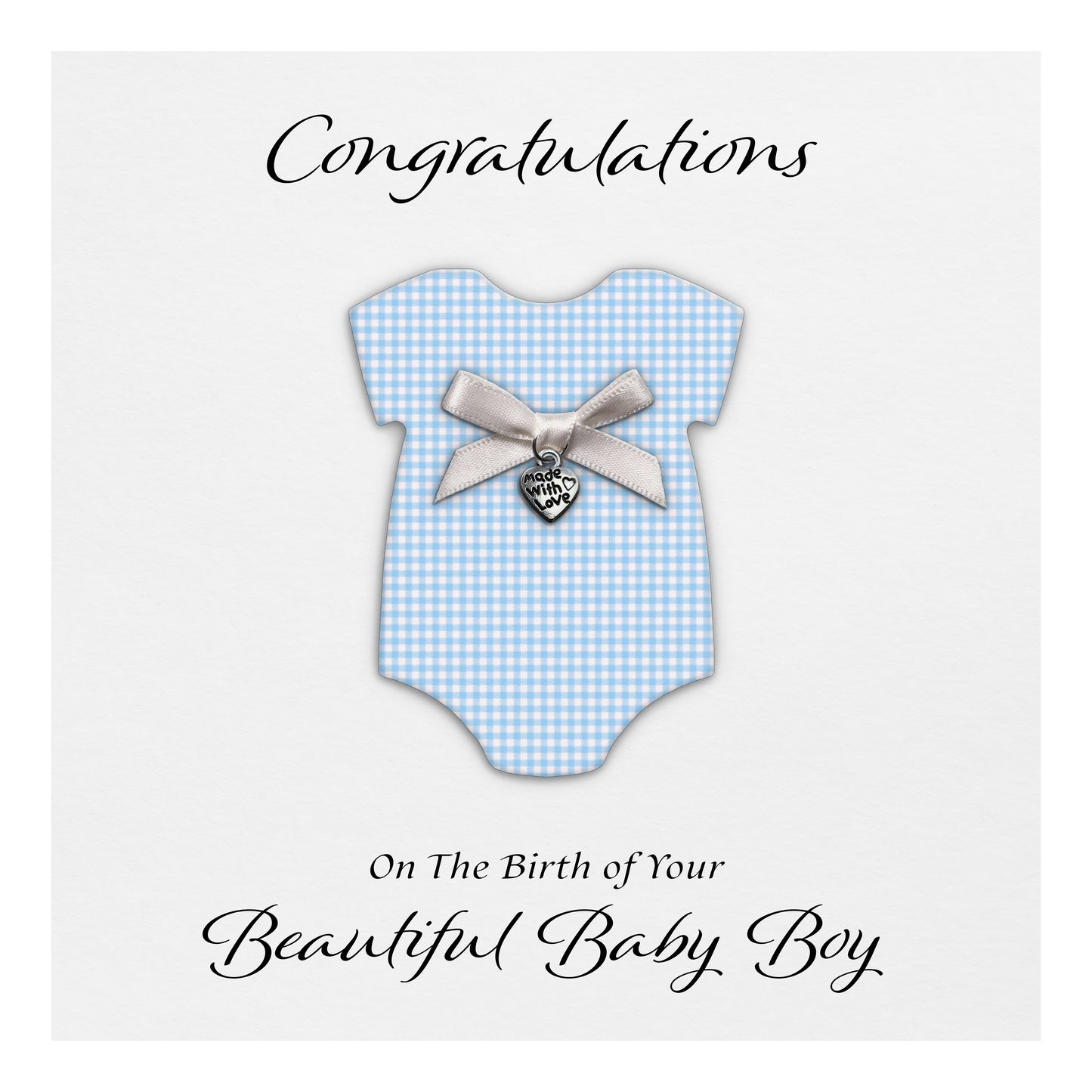 New Baby Card (Heart Charm & Bow) - White Cardstock / Blue Check