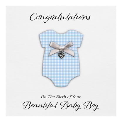 New Baby Card (Heart Charm & Bow) - White Cardstock / Blue Check