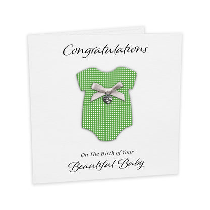 New Baby Card (Heart Charm & Bow) - White Cardstock / Green Check