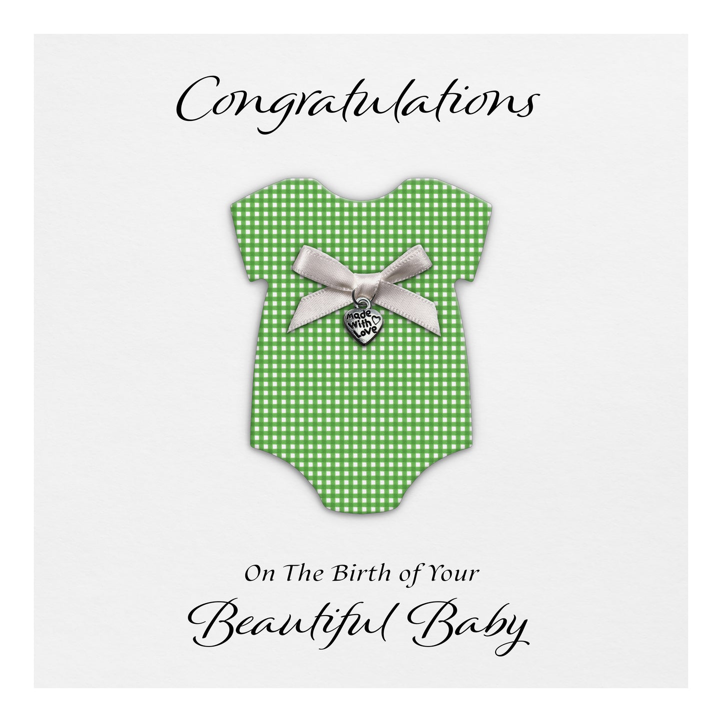New Baby Card (Heart Charm & Bow) - White Cardstock / Green Check
